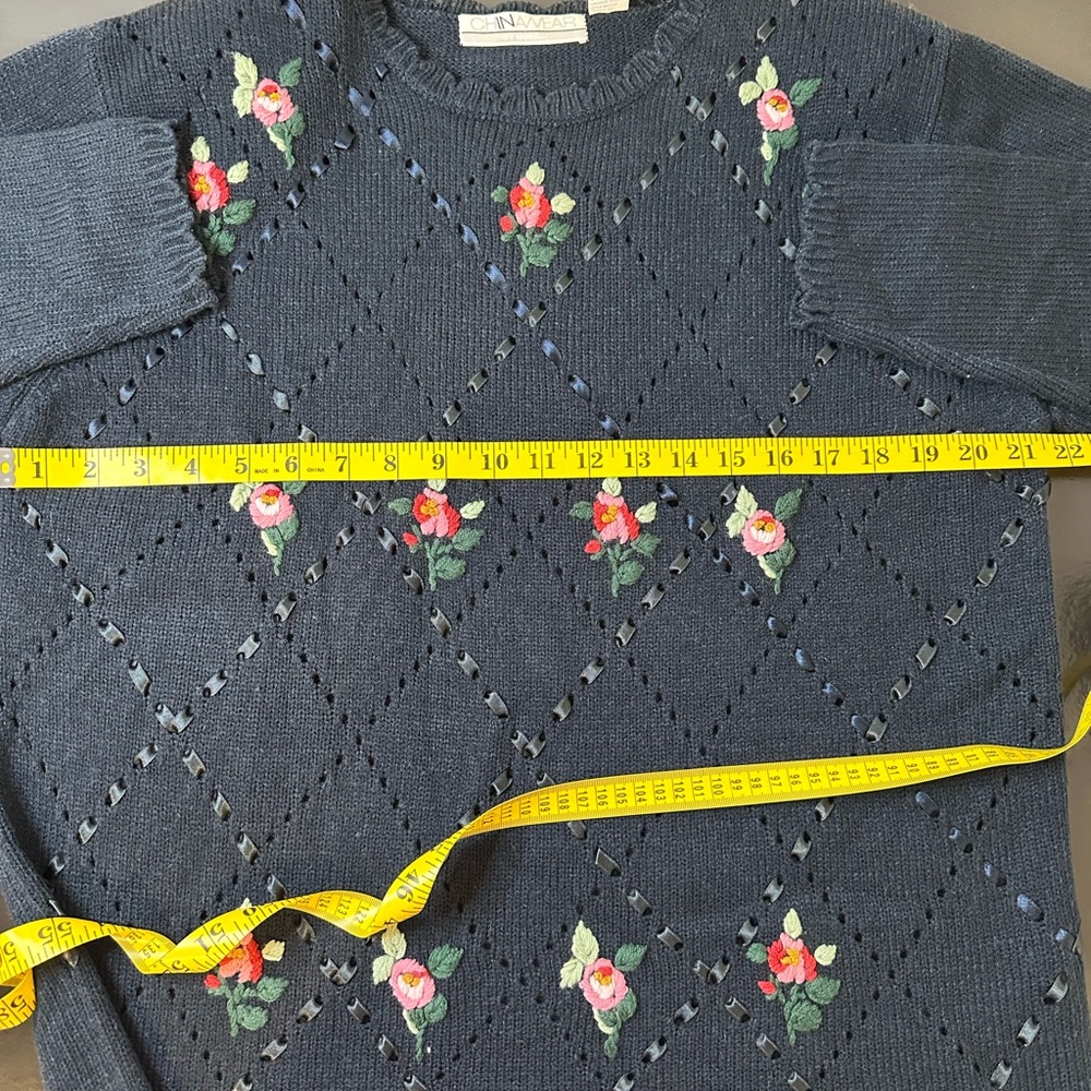 Blue Knit Sweater with Floral Embroidery and Ribbon Detail - Picture 7 of 8